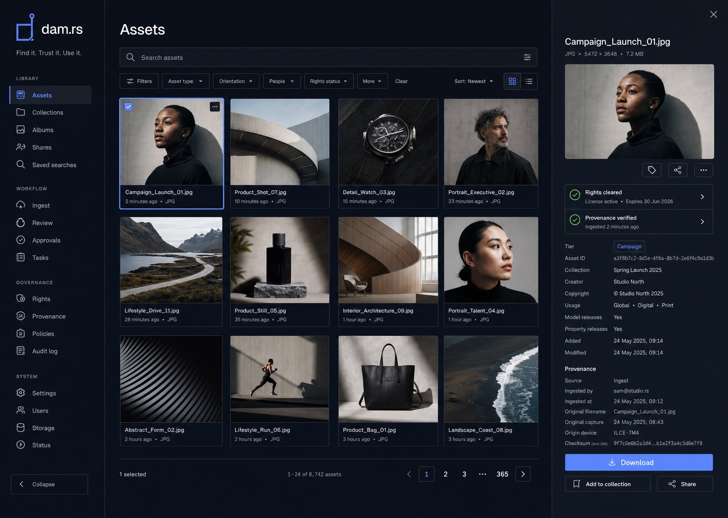 The dam.rs asset library with a selected campaign asset